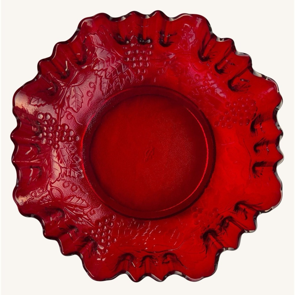 Vintage Imperial Glass Ruby Red Ruffled Bowl 8.5" Grapes And Vines IG Mark